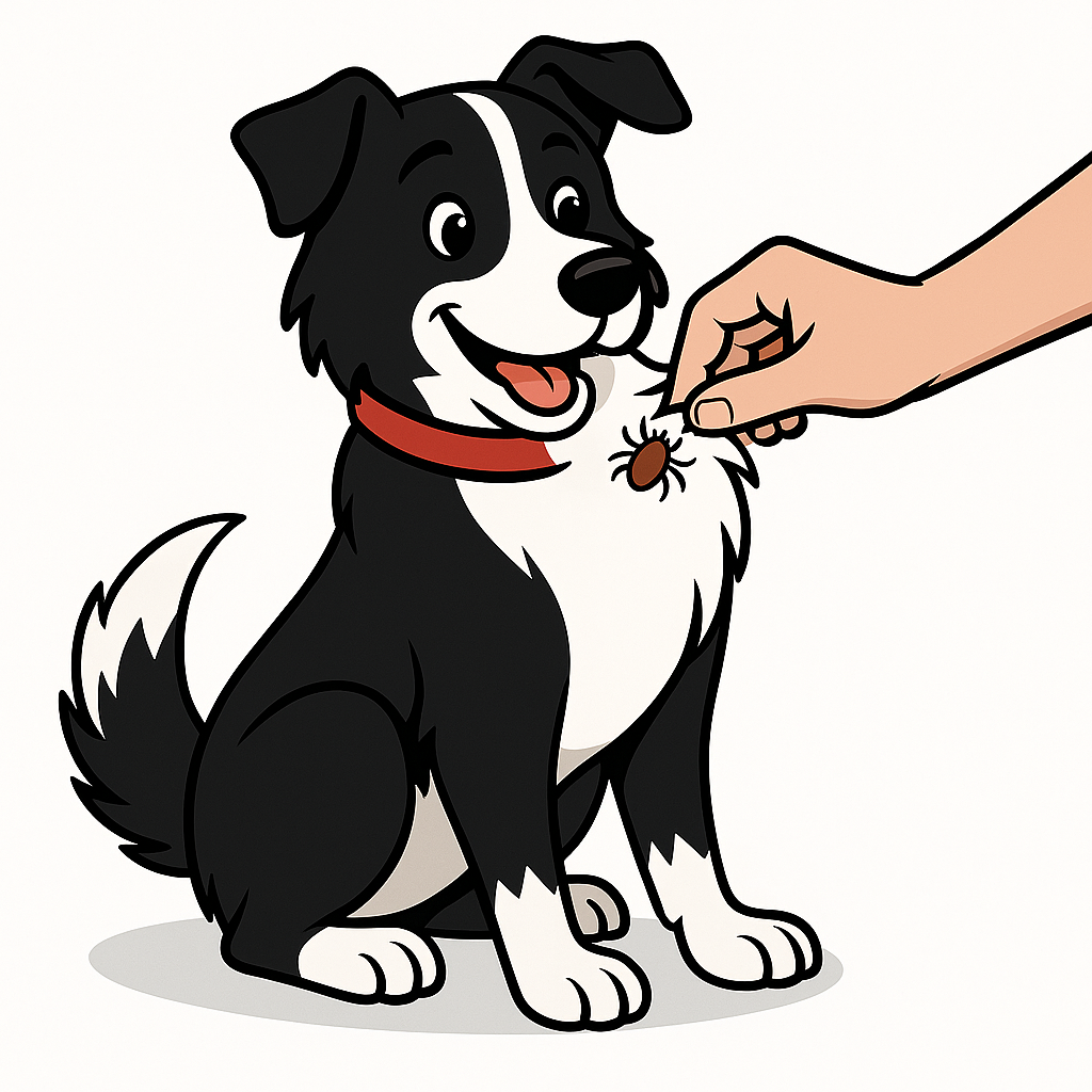 Dre the border collie with a tick on his chest